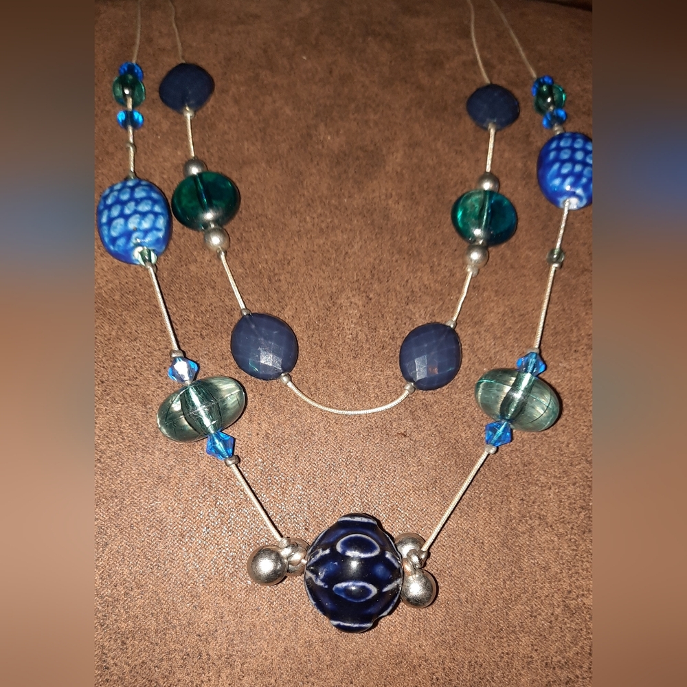 Art glass station multistrand necklace adjustable length silvertone and blue
